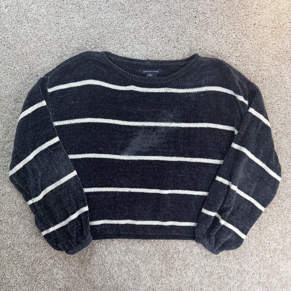 American Eagle Outfitters Sweater Womens S Gray Striped Knit Pullover Crew Neck